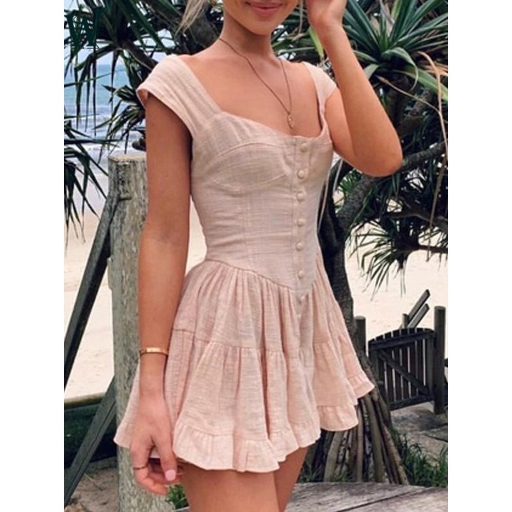 Vanessa Mooney Elisabeth Romper Blush Pink Button Front Ruffle Tiered XXS